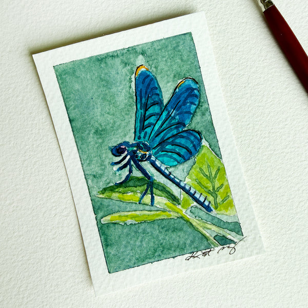 "Blue-winged Dragonfly" - Original ACEO Watercolor