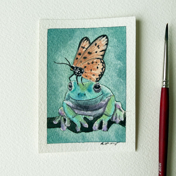 "Frog with Butterfly Hat" - Original ACEO Watercolor