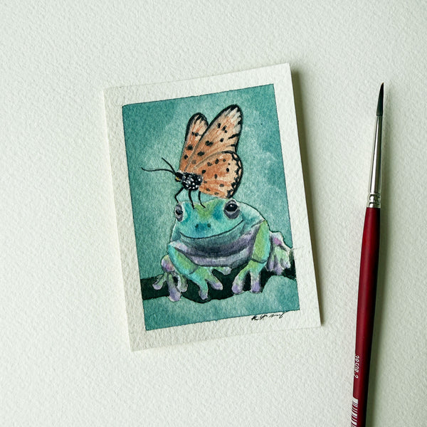 "Frog with Butterfly Hat" - Original ACEO Watercolor