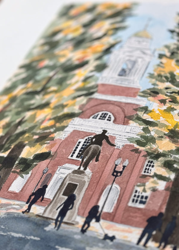 Watercolor painting of the Paul Revere statue and the Old North Church in Boston, MA.