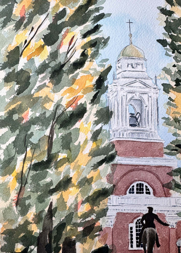 Watercolor painting of the Paul Revere statue and the Old North Church in Boston, MA.