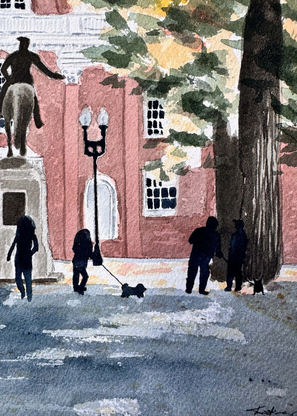 Watercolor painting of the Paul Revere statue and the Old North Church in Boston, MA.