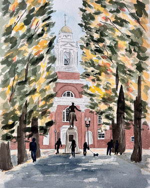 Watercolor painting of the Paul Revere statue and the Old North Church in Boston, MA.