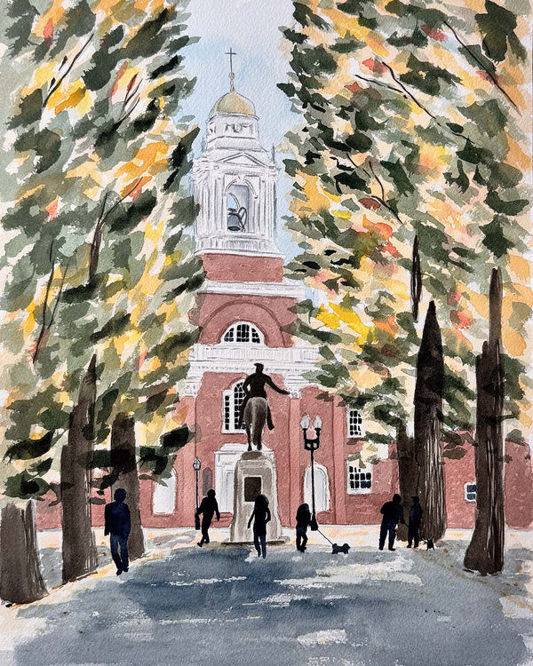 Watercolor painting of the Paul Revere statue and the Old North Church in Boston, MA.