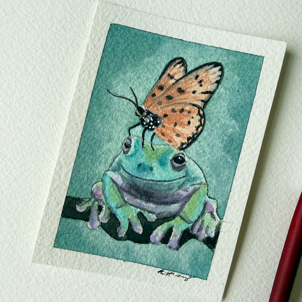 "Frog with Butterfly Hat" - Original ACEO Watercolor
