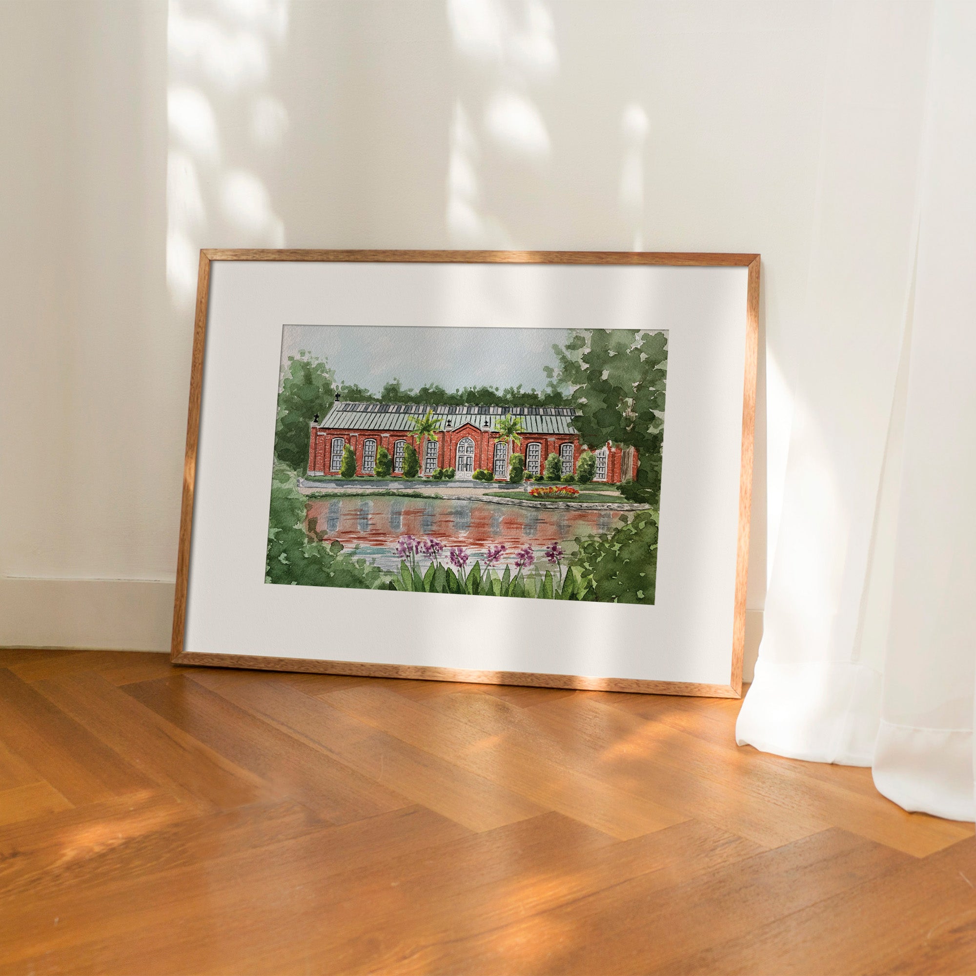 Watercolor art print featuring the Piper Palm House at Tower Grove Park in St. Louis, MO