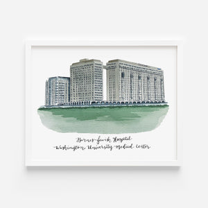 A print of a watercolor painting of Barnes-Jewish Hospital in St. Louis, Missouri.