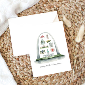 Greeting card featuring a watercolor illustration of St. Louis landmarks..
